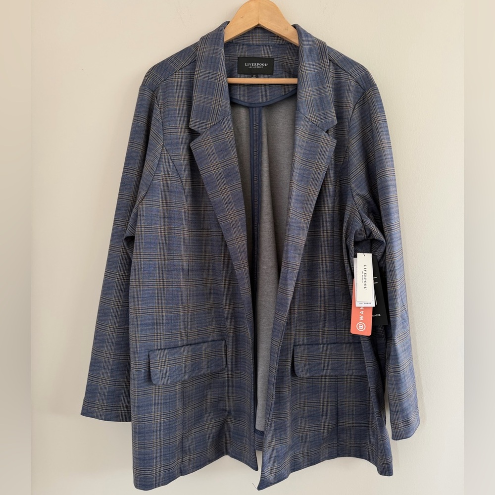 NWT Liverpool Plaid Blazer Womens 3X Navy Open Front Career Academia Jacket